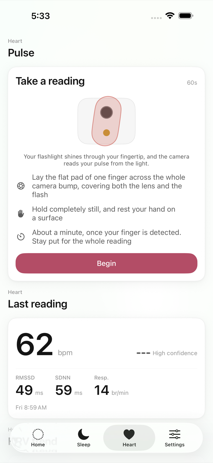 Fingertip heart and HRV reading with RMSSD, SDNN and respiration