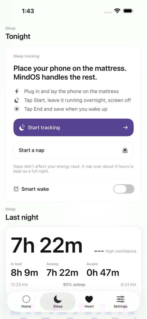 The MindOS sleep tab: last night in hours and minutes, no score